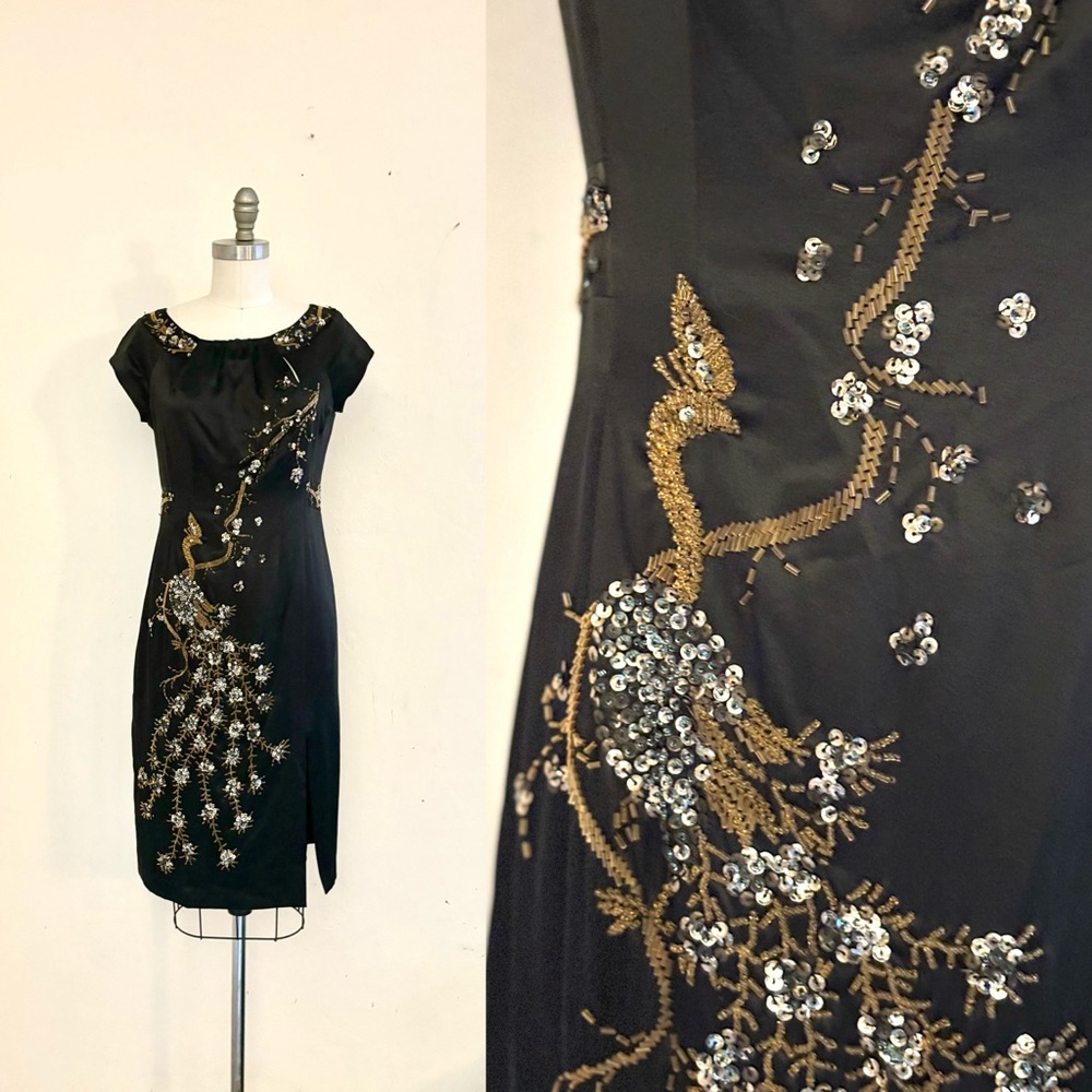 Nanette Lepore Black Silk Sequin Beaded Peacock Fitted Dress Size 4